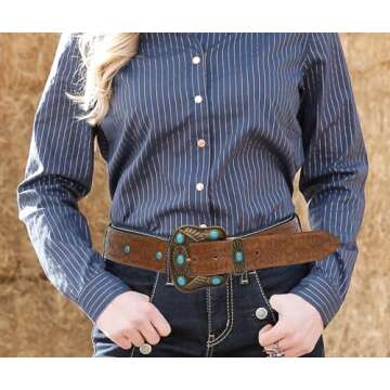 HinyBoeh Western PU-Leather-Belts for Women Girls,Floral Embossed Cowboy-Cowgirl Belt with Turquoise for Jeans