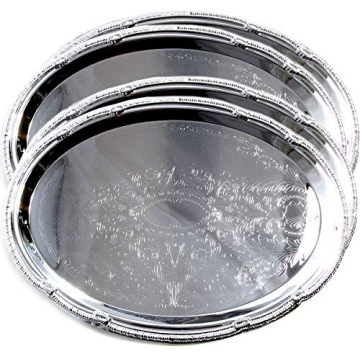 Maro Megastore (Pack of 4) 14.7" x 10.6" Oval Shape Chrome Plated Serving Tray Plate Food Art Deco F...