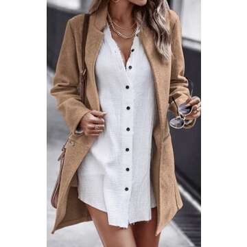 Angashion Women’s Coat, Long Sleeve Stand Collar Cardigan Mid-Long Open Front Outwear Overcoat with Zipper Pockets Khaki Medium