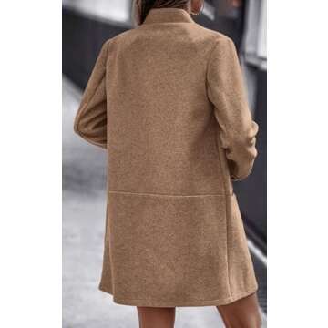 Angashion Women’s Coat, Long Sleeve Stand Collar Cardigan Mid-Long Open Front Outwear Overcoat with Zipper Pockets Khaki Medium
