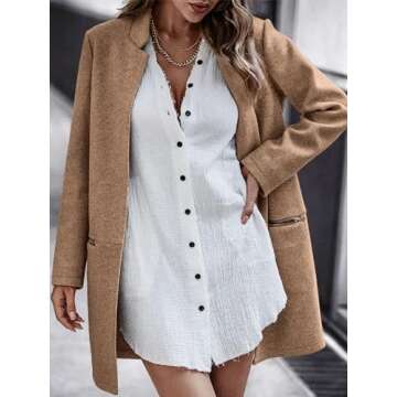 Angashion Women’s Coat, Long Sleeve Stand Collar Cardigan Mid-Long Open Front Outwear Overcoat with Zipper Pockets Khaki Medium