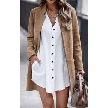 Angashion Women’s Coat, Long Sleeve Stand Collar Cardigan Mid-Long Open Front Outwear Overcoat with Zipper Pockets Khaki Medium