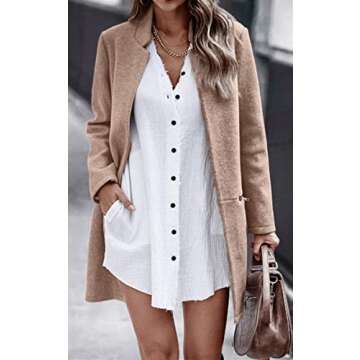 Angashion Women’s Coat, Long Sleeve Stand Collar Cardigan Mid-Long Open Front Outwear Overcoat with Zipper Pockets Khaki Medium