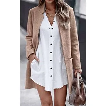 Angashion Women’s Coat, Long Sleeve Stand Collar Cardigan Mid-Long Open Front Outwear Overcoat with Zipper Pockets Khaki Medium