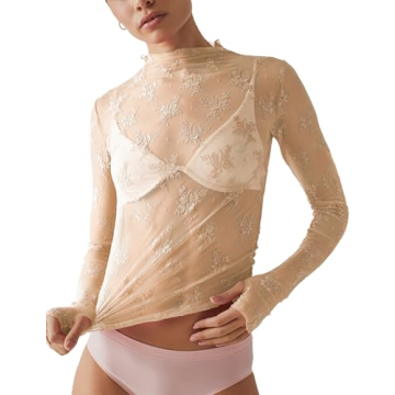 Ugerlov Women's Long Sleeve Mesh Top with Floral Lace Design