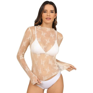 Ugerlov Women's Long Sleeve Mesh Top with Floral Lace Design