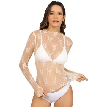 Ugerlov Women's Long Sleeve Mesh Top with Floral Lace Design