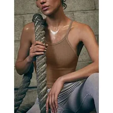 LASLULU Womens Sports Bra Workout Tank Tops Longline Padded Medium Support Fitness Workout Bra Camis Crop Tank Cute Tops(Brown Large)