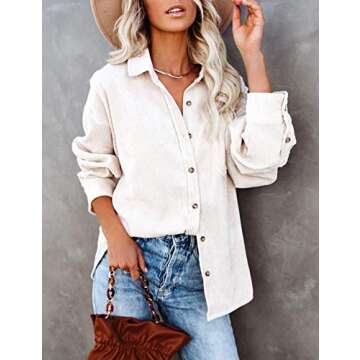 UANEO Women Corduroy Button Down Shirts Long Sleeve Boyfriend Shirt Oversized Shacket Jacket Tops (Beige-M)