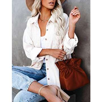 UANEO Women Corduroy Button Down Shirts Long Sleeve Boyfriend Shirt Oversized Shacket Jacket Tops (Beige-M)