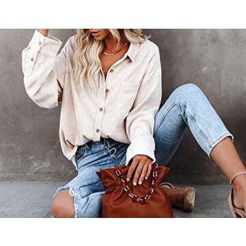 UANEO Women Corduroy Button Down Shirts Long Sleeve Boyfriend Shirt Oversized Shacket Jacket Tops (Beige-M)