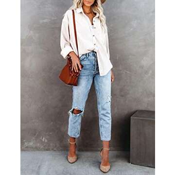 UANEO Women Corduroy Button Down Shirts Long Sleeve Boyfriend Shirt Oversized Shacket Jacket Tops (Beige-M)