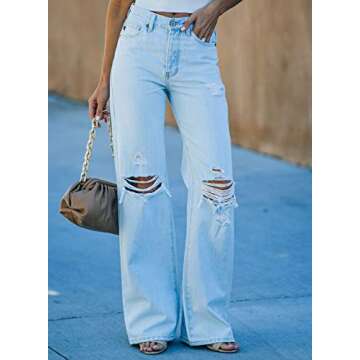 Dokotoo Women High Rise Destroyed Raw Hem Flare Jeans Casual Ripped Hole Washed Distressed Straight Wide Leg Denim Pants Sky Blue S
