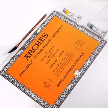 Arches Watercolor Block 9x12-inch Natural White 100% Cotton Paper - 20 Sheets of Arches Watercolor Paper Rough 140 lb - Arches Art Paper for Watercolor Gouache Ink Acrylic and More