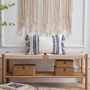 DEZENE Boho Throw Pillow Covers: Set of 2 Woven Tufted 100% Cotton Rectangular Lumbar Decorative Pillowcases with Tassels for Couch Sofa Bed for Home Decor Farmhouse, 12 x 20 Inch Navy Blue