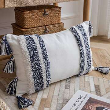 DEZENE Boho Throw Pillow Covers: Set of 2 Woven Tufted 100% Cotton Rectangular Lumbar Decorative Pillowcases with Tassels for Couch Sofa Bed for Home Decor Farmhouse, 12 x 20 Inch Navy Blue