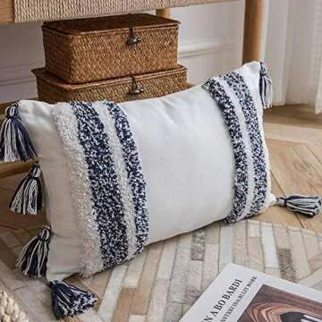 DEZENE Boho Throw Pillow Covers: Set of 2 Woven Tufted 100% Cotton Rectangular Lumbar Decorative Pillowcases with Tassels for Couch Sofa Bed for Home Decor Farmhouse, 12 x 20 Inch Navy Blue