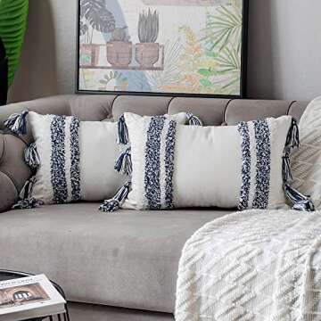 DEZENE Boho Throw Pillow Covers: Set of 2 Woven Tufted 100% Cotton Rectangular Lumbar Decorative Pillowcases with Tassels for Couch Sofa Bed for Home Decor Farmhouse, 12 x 20 Inch Navy Blue