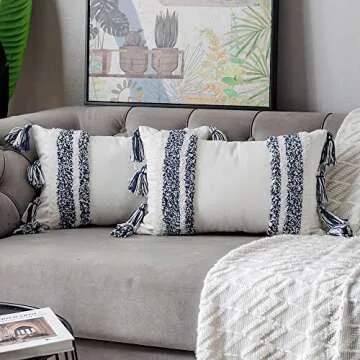 DEZENE Boho Throw Pillow Covers: Set of 2 Woven Tufted 100% Cotton Rectangular Lumbar Decorative Pillowcases with Tassels for Couch Sofa Bed for Home Decor Farmhouse, 12 x 20 Inch Navy Blue