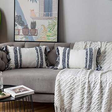 DEZENE Boho Throw Pillow Covers: Set of 2 Woven Tufted 100% Cotton Rectangular Lumbar Decorative Pillowcases with Tassels for Couch Sofa Bed for Home Decor Farmhouse, 12 x 20 Inch Navy Blue