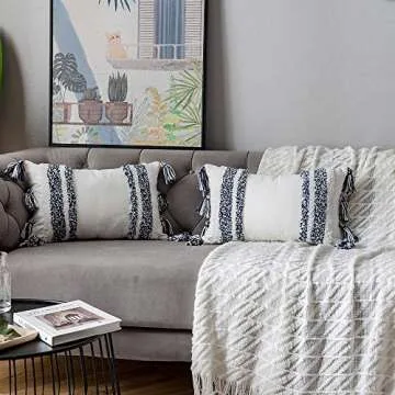 DEZENE Boho Throw Pillow Covers: Set of 2 Woven Tufted 100% Cotton Rectangular Lumbar Decorative Pillowcases with Tassels for Couch Sofa Bed for Home Decor Farmhouse, 12 x 20 Inch Navy Blue