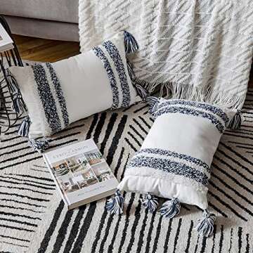 DEZENE Boho Throw Pillow Covers: Set of 2 Woven Tufted 100% Cotton Rectangular Lumbar Decorative Pillowcases with Tassels for Couch Sofa Bed for Home Decor Farmhouse, 12 x 20 Inch Navy Blue