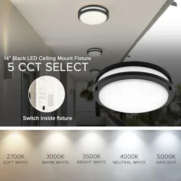Maxxima 14 in. LED Flush Mount Ceiling Light Fixture, 1900 Lumens, 5 CCT 2700K/3000K/3500K/4000K/5000K, Dimmable Indoor Round Ceiling Mount Fixture, Perfect for Kitchen Use - Black