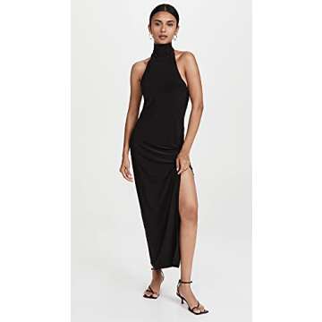Norma Kamali Women's Halter Turtle Side Slit Gown, Black, XL