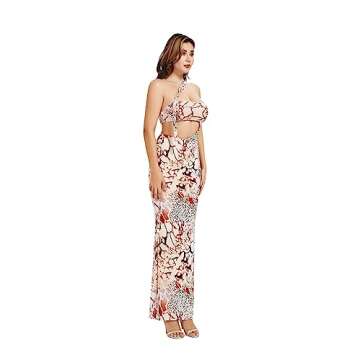 GETUBACK Women's Sexy Summer Cut Out Split Maxi Long Dress One Shoulder Sleeveless Bodycon Party Club Nightout CocktailPink Snake Print M