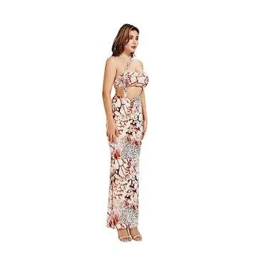 GETUBACK Women's Sexy Summer Cut Out Split Maxi Long Dress One Shoulder Sleeveless Bodycon Party Club Nightout CocktailPink Snake Print M