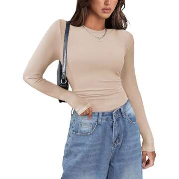 Zeagoo Womens Slim Fit Long Sleeve Top Stretch Crewneck Ribbed T-Shirt Fitted Office Work Tops Beige
