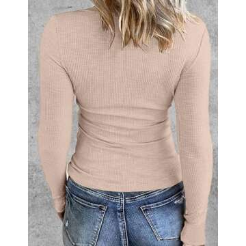 Zeagoo Womens Slim Fit Long Sleeve Top Stretch Crewneck Ribbed T-Shirt Fitted Office Work Tops Beige