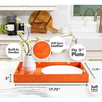 Home Redefined Beautiful Modern Elegant 18"x12" Rectangle Orange Faux Leather Decorative Tray Ottoman Coffee Table Perfume Living Room Kitchen Serving Tray with Handles for All Occasion's