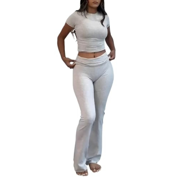 ZFLM Casual Workout Two Piece Outfits for Women Short Sleeve Crop High Waist Foldover Flare Pants Tracksuit Sets Streetwear