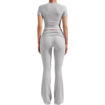 ZFLM Casual Workout Two Piece Outfits for Women Short Sleeve Crop High Waist Foldover Flare Pants Tracksuit Sets Streetwear