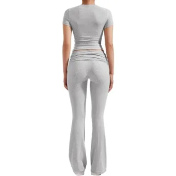 ZFLM Casual Workout Two Piece Outfits for Women Short Sleeve Crop High Waist Foldover Flare Pants Tracksuit Sets Streetwear