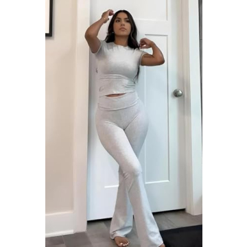 ZFLM Casual Workout Two Piece Outfits for Women Short Sleeve Crop High Waist Foldover Flare Pants Tracksuit Sets Streetwear