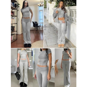ZFLM Casual Workout Two Piece Outfits for Women Short Sleeve Crop High Waist Foldover Flare Pants Tracksuit Sets Streetwear