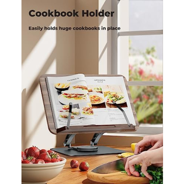 Tounee Book Stand for Reading, Adjustable Book Holder with 360° Swivel Base, Foldable Cookbook Stand Recipe Book Holder with Elastic Page Clips for Music Scores, Recipe, Tablet, Laptop-Gray