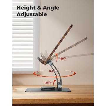 Tounee Book Stand for Reading, Adjustable Book Holder with 360° Swivel Base, Foldable Cookbook Stand Recipe Book Holder with Elastic Page Clips for Music Scores, Recipe, Tablet, Laptop-Gray