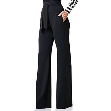 LKOUS Women Work Casual Stretchy Straight Wide Leg High Waisted Long Pants with Belt Black XXL