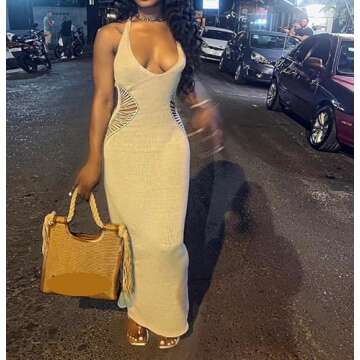 NUFIWI Sleeveless Backless Maxi Dress Open Back Slim Fit Long Dress Cut Out Bodycon Cocktail Dress Going Out Wear