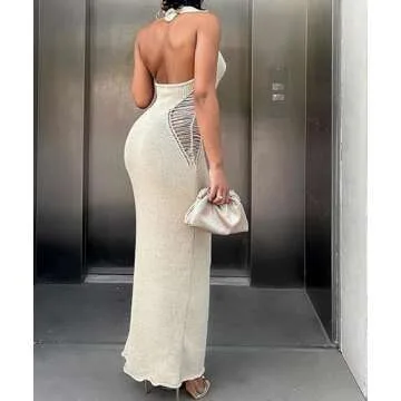 NUFIWI Sleeveless Backless Maxi Dress Open Back Slim Fit Long Dress Cut Out Bodycon Cocktail Dress Going Out Wear