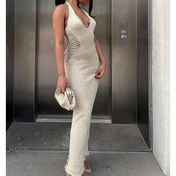 NUFIWI Sleeveless Backless Maxi Dress Open Back Slim Fit Long Dress Cut Out Bodycon Cocktail Dress Going Out Wear