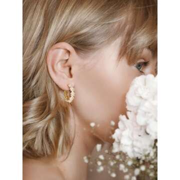 SWEETV Pearl Earrings for Women, 14K Gold Plated Small Pearl Hoop Earrings, Open Huggie Earrings Chu...