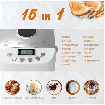 Davivy Bread Maker Machine 3.3LB Dough Maker,15-in-1 Automatic Bread Machine Maker with Nonstick Bowl, Jam& Yogurt, 3 Loaf Sizes and 3 crust settings,15-H Delay Timer（850W,Silver,3.3LB）