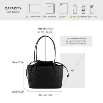 Woven handbags for women Vegan Leather Shoulder Handbags - Fashion Summer Beach Tote Bags - Large Travel Totes (Black)