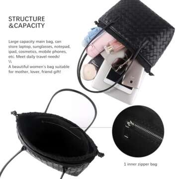 Woven handbags for women Vegan Leather Shoulder Handbags - Fashion Summer Beach Tote Bags - Large Travel Totes (Black)