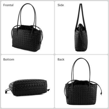 Woven handbags for women Vegan Leather Shoulder Handbags - Fashion Summer Beach Tote Bags - Large Travel Totes (Black)
