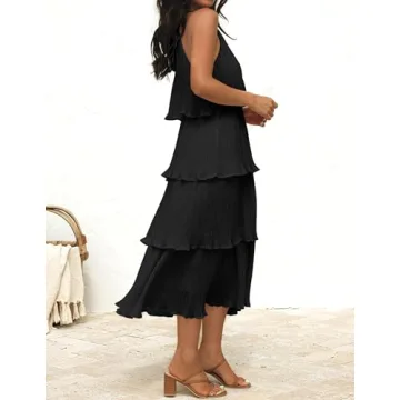 ZESICA Summer Sleeveless Halter Tiered Midi Dress